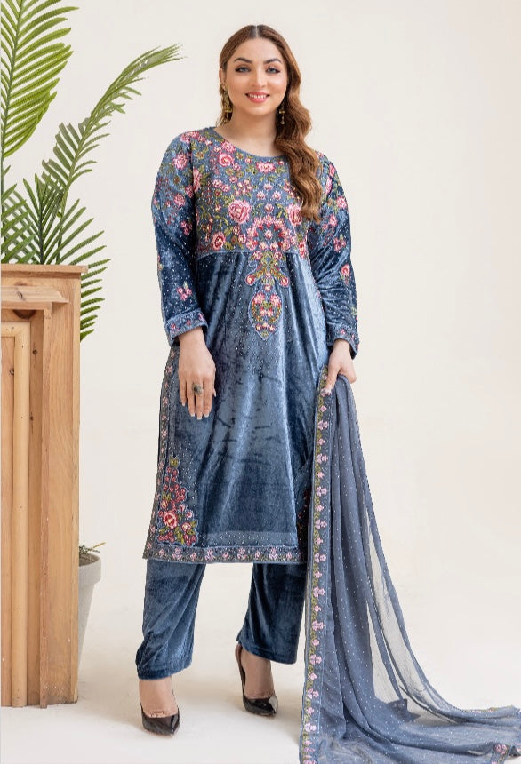 Brit 3 piece velvet_6026 Pakistani ladies suit grey B4