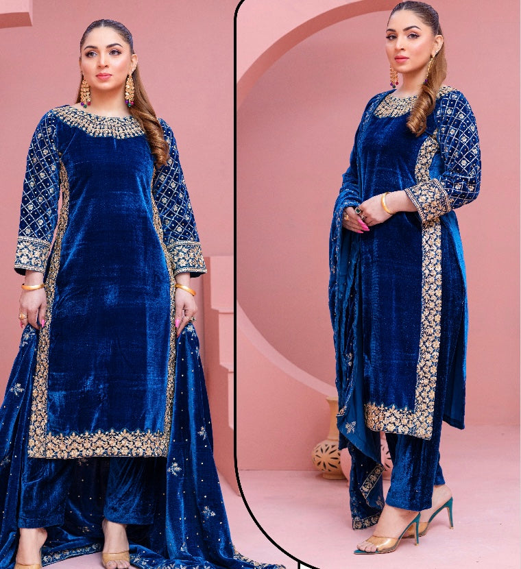 Brit 3 piece velvet_5026 ladies and kids suit Teal B3