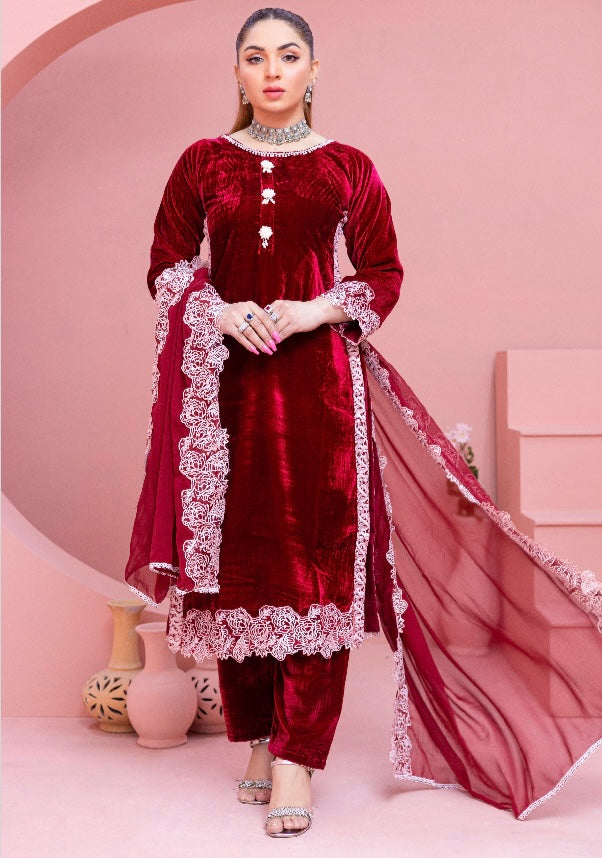 Brit 3 piece velvet_6001 Pakistani ladies wine B1