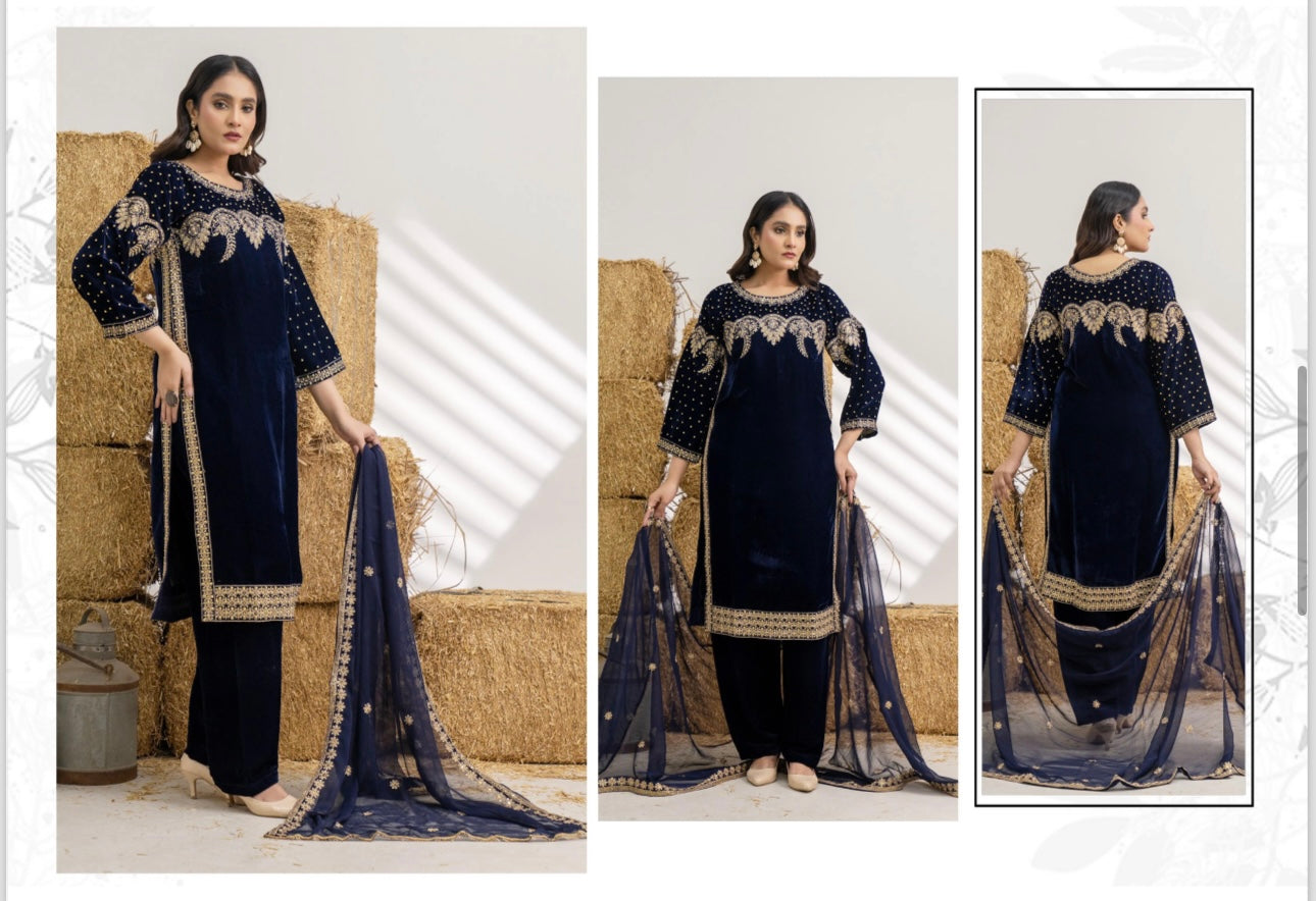 Brit 3 piece luxury Designer Valvet winter Pakistani ladies suit A.B322