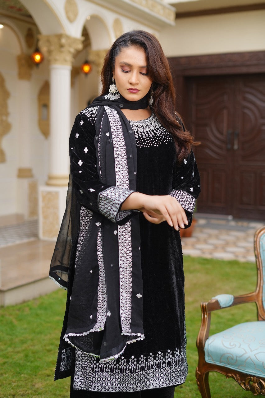Brit Valvet 3 piece with chiffon dupata _3024 Black B276