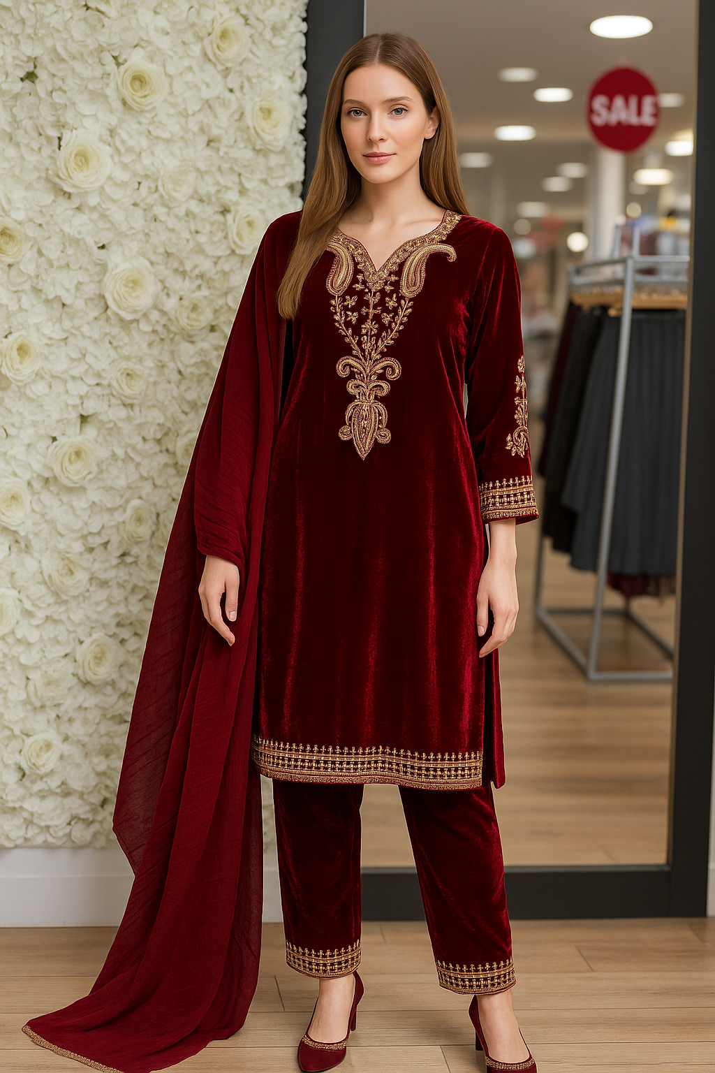 Brit 3 piece luxury Valvet _81042 Pakistani ladies suit Maroon B284
