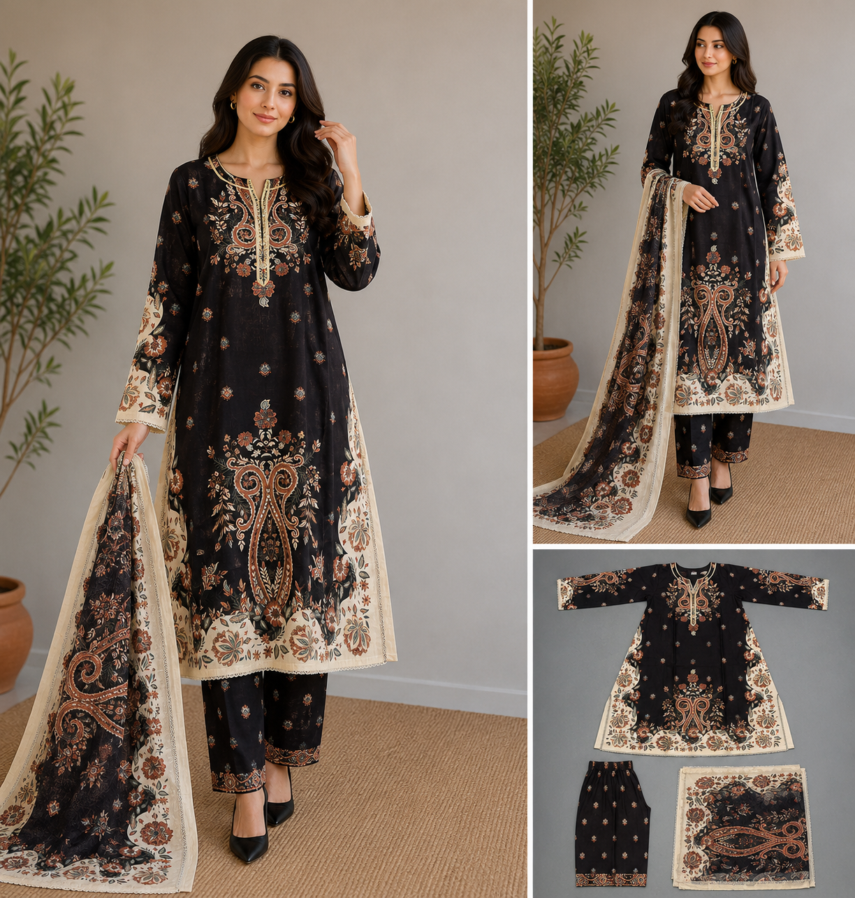 Brit 3 piece embroidered summer cotton collection ladies dress B629