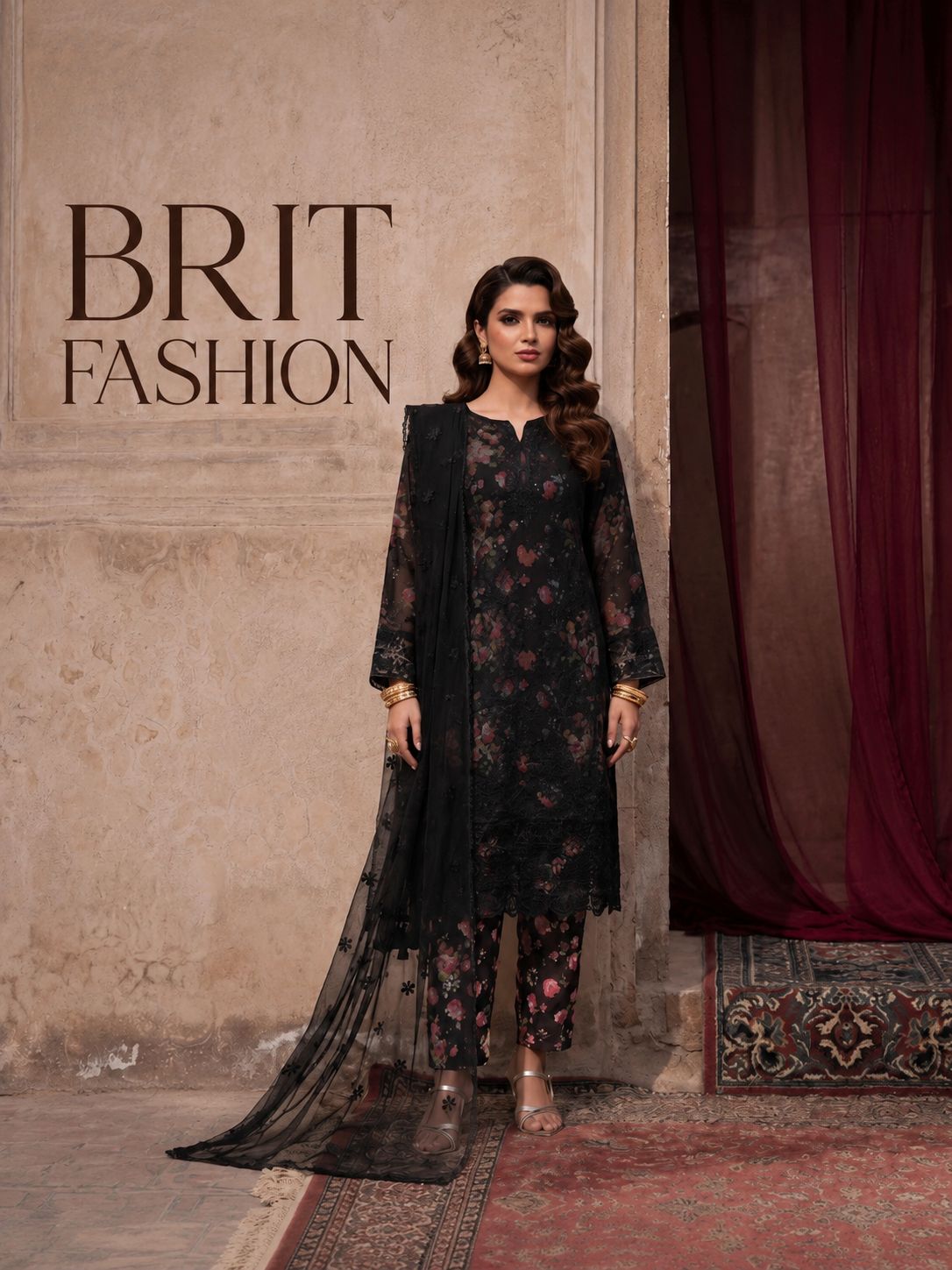 Brit 3 piece embroidery collection ladies dress B603