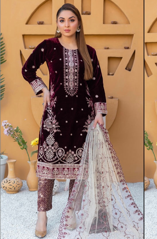Brit Valvet 3 piece_6077 Pakistani ladies suit mehroon B37