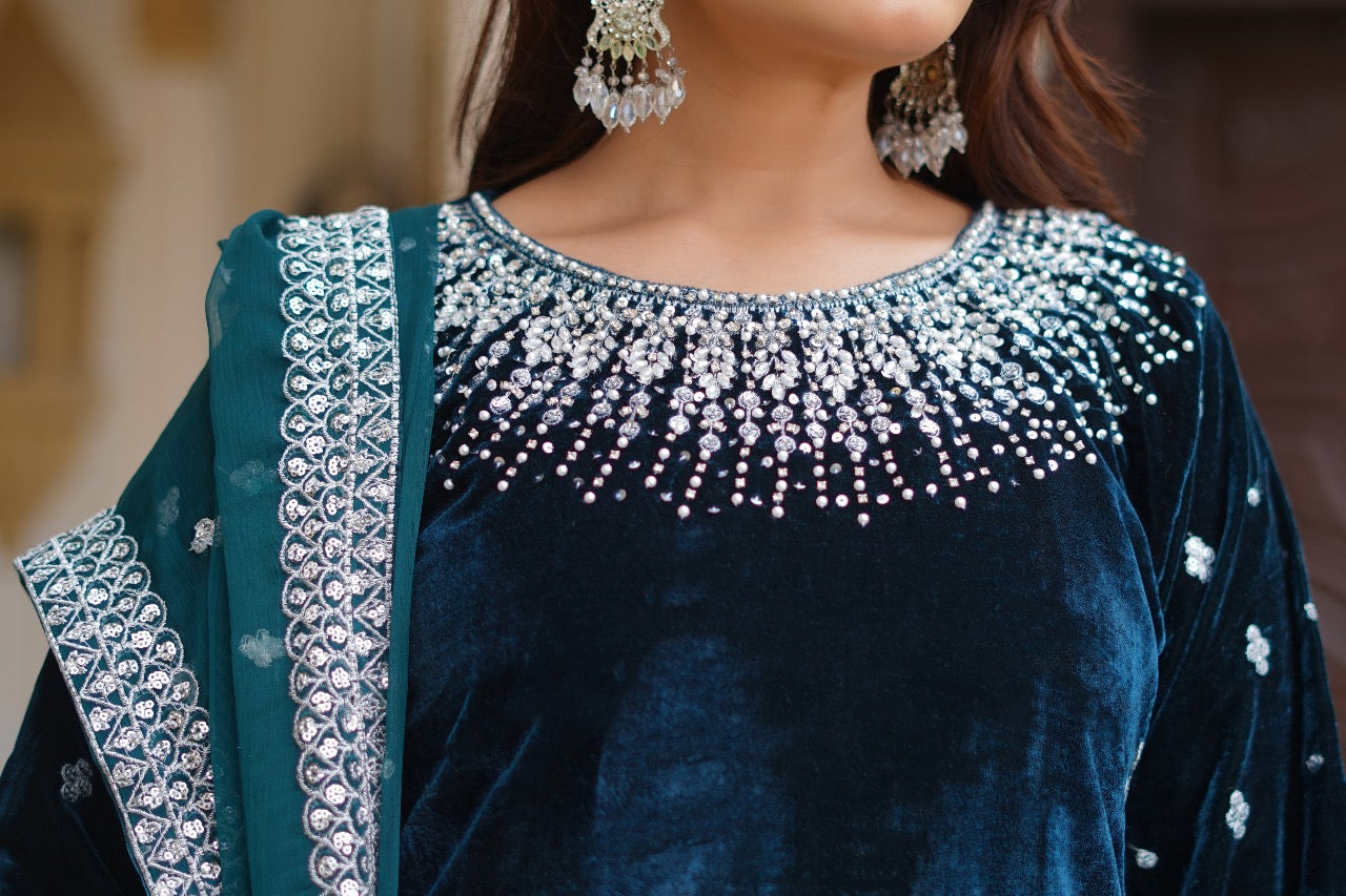 Brit Valvet 3 piece with chiffon dupata _3024 Teal B276