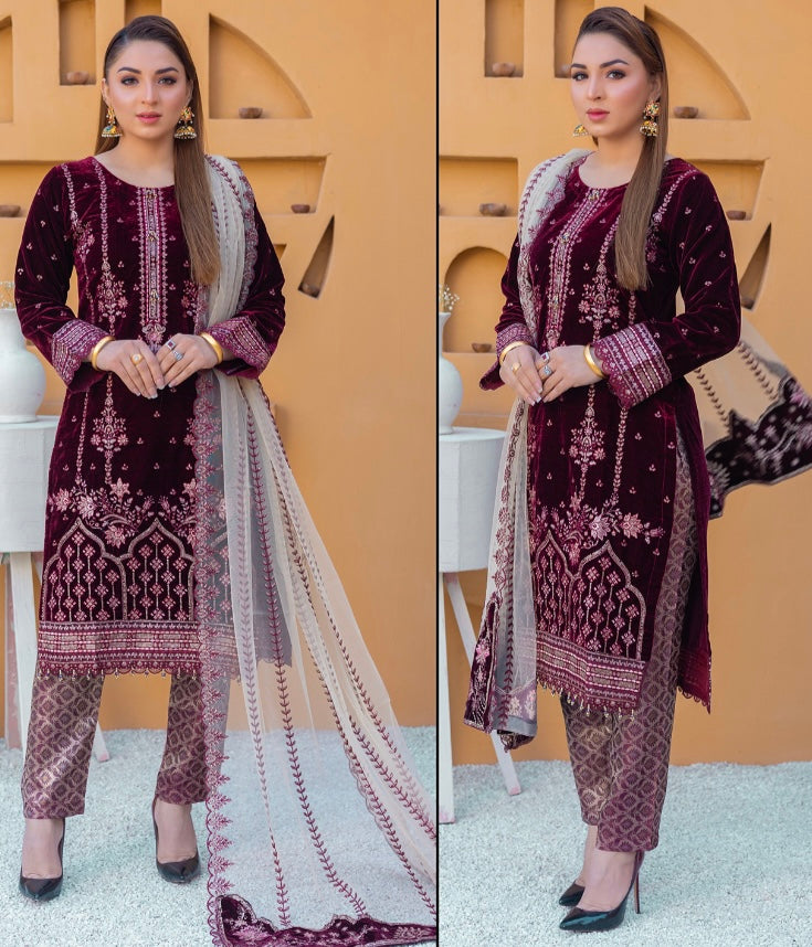 Brit Valvet 3 piece_7046 Pakistani ladies suit mehroon B37