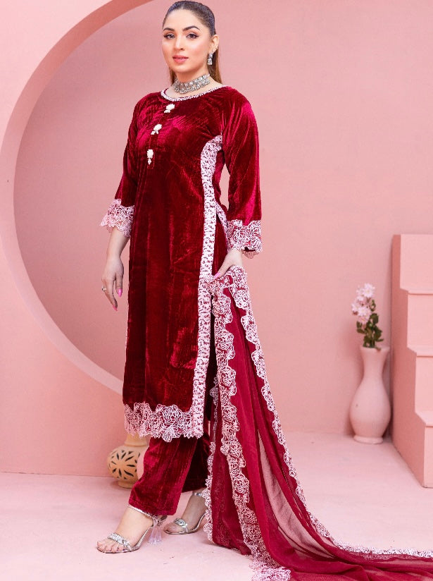 Brit 3 piece velvet_6001 Pakistani ladies wine B1