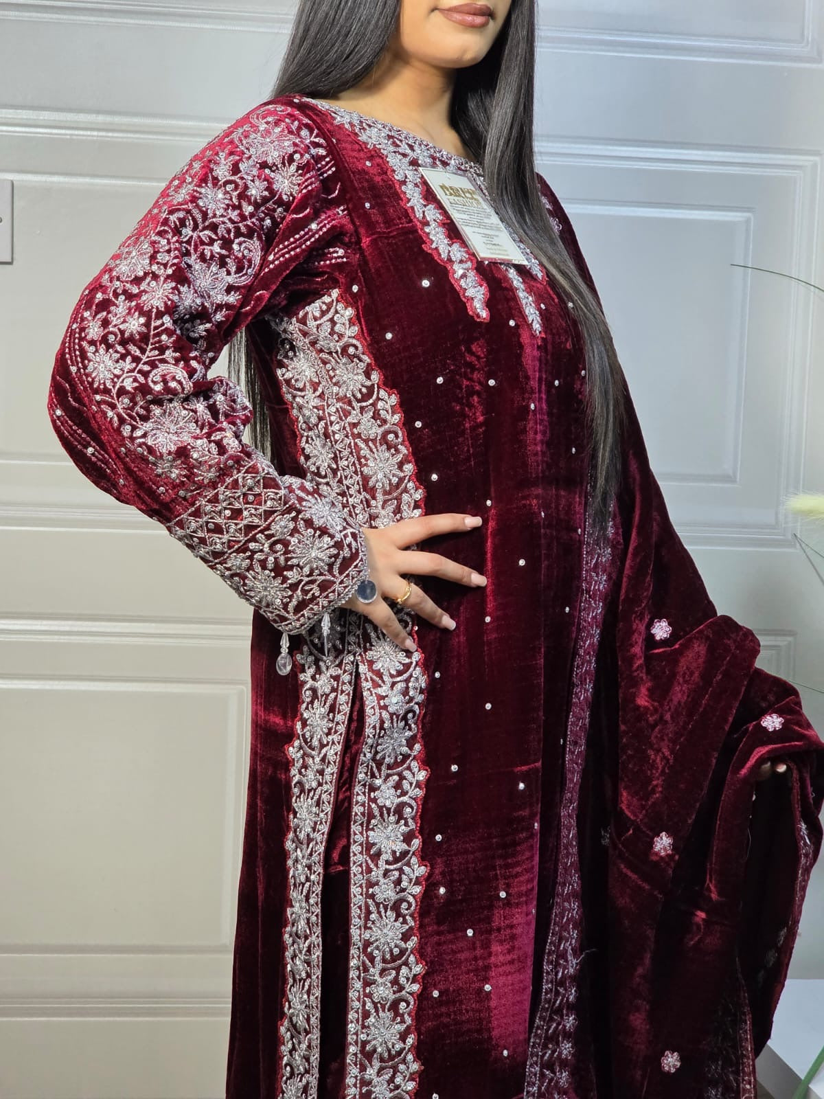 Brit 3 piece velvet_7028 ladies suit with shawl mehroon B44