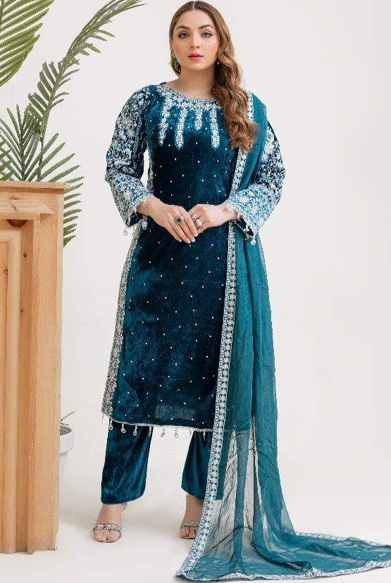 Brit 3 piece velvet_6015 Pakistani ladies and kids suit teal B13