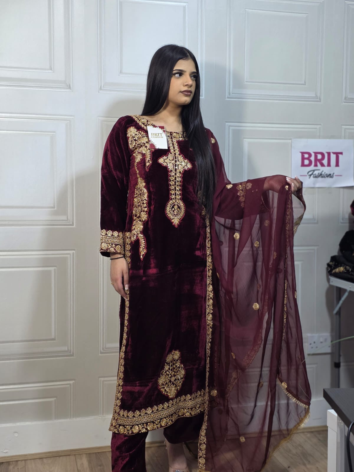 Brit 3 piece velvet_7026 ladies suit mehroon VB3