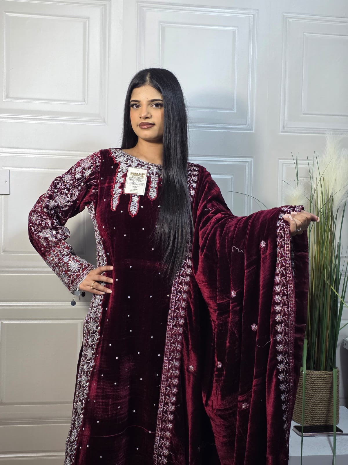 Brit 3 piece velvet_7028 ladies suit with shawl mehroon B44