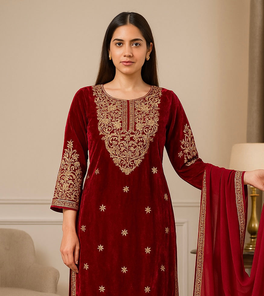 Brit 3 piece velvet_7048 ladies suit mehroon B49