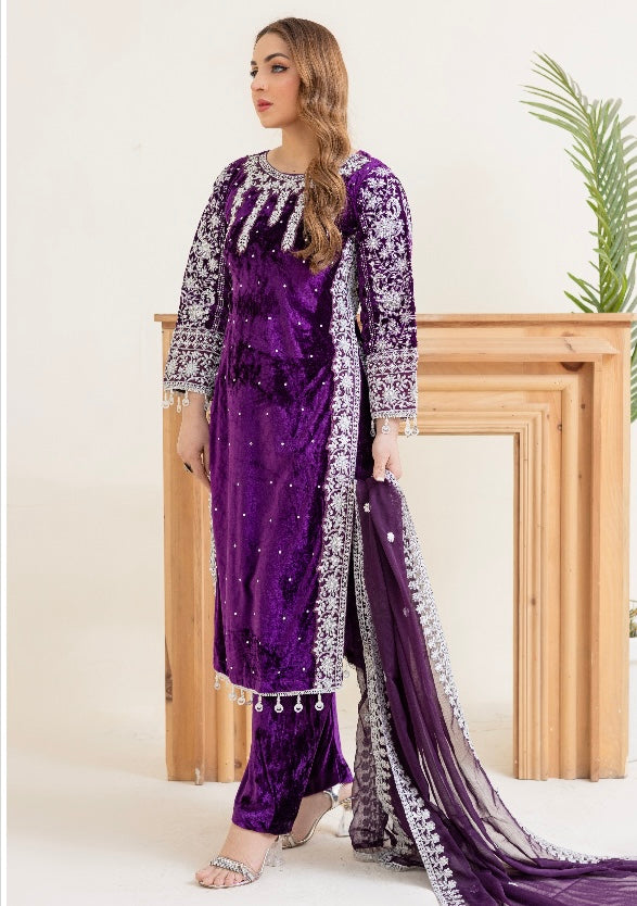 Brit 3 piece velvet_6038 ladies Pakistani suit Purple B13
