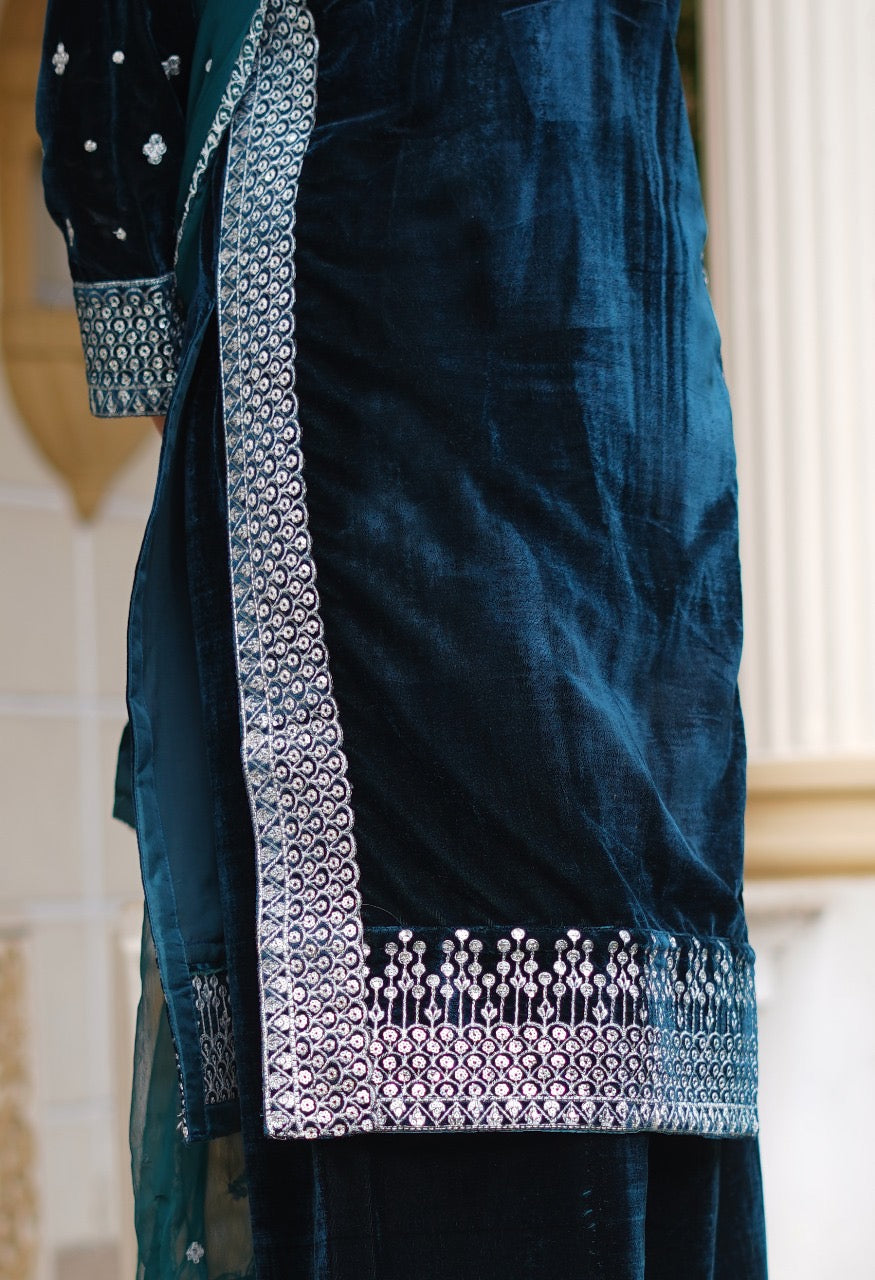 Brit Valvet 3 piece with chiffon dupata _3024 Teal B276