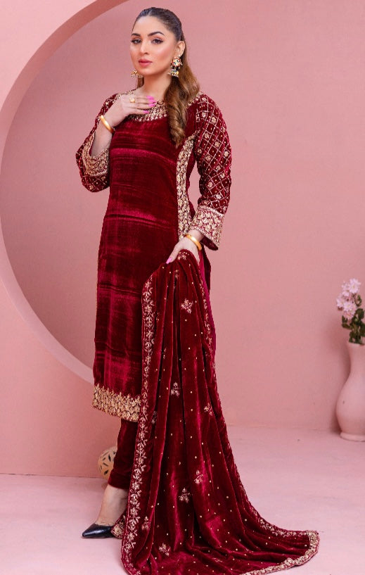 Brit 3 piece velvet_5027 ladies and kids suit Mehroon B3