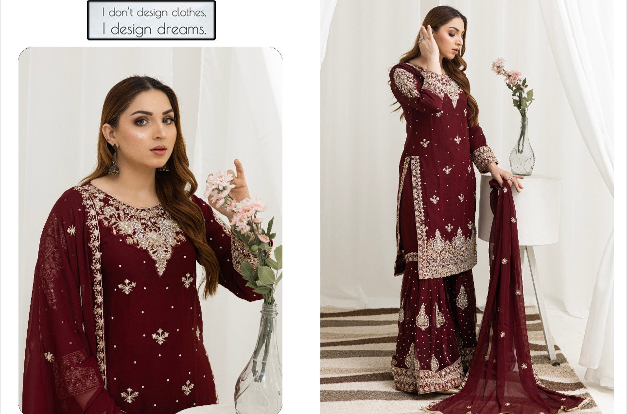 Brit Mother and Daughter 3 piece Chiffon_10029 Mehroon B100