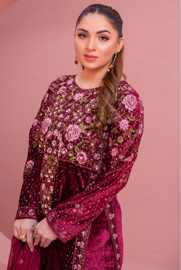 Brit 3 piece velvet_5013 ladies and kids suit Mehroon B4