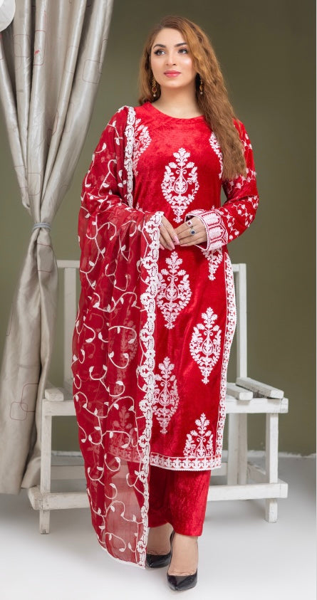 Brit 3 piece velvet_6009 Pakistani ladies suit wine B20