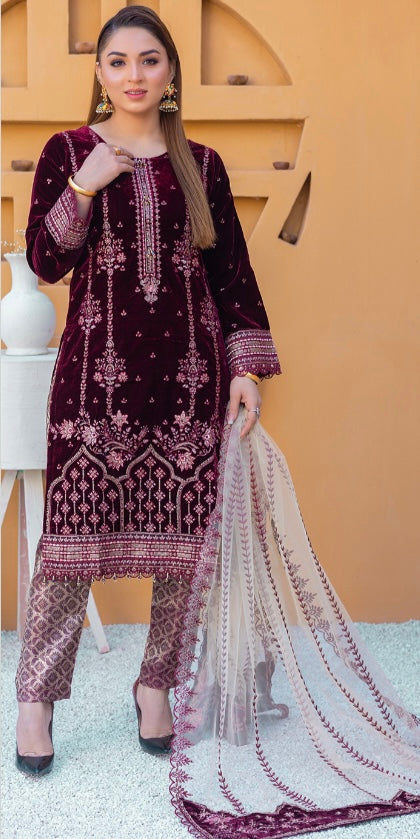 Brit Valvet 3 piece_7046 Pakistani ladies suit mehroon B37