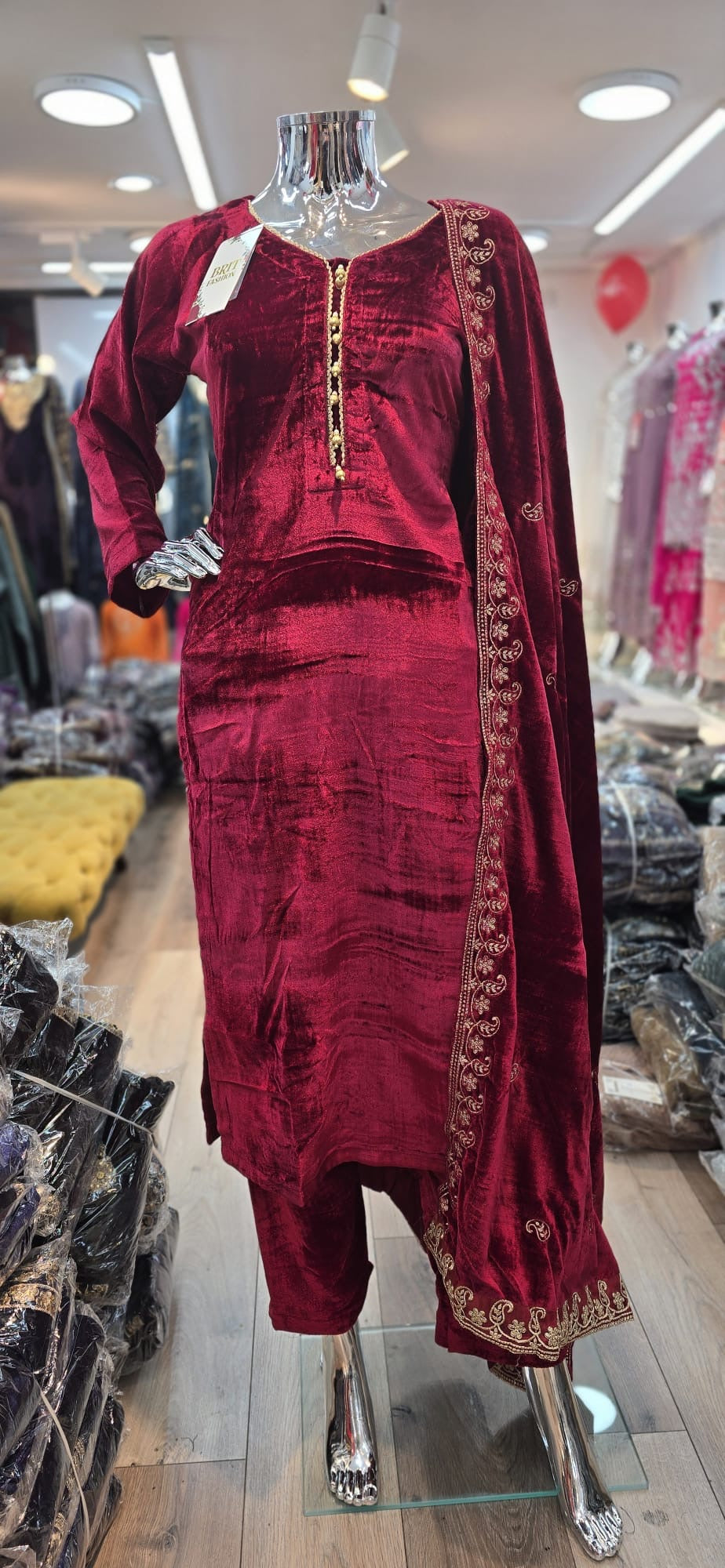 Brit 3 piece velvet_6025 Pakistani ladies suit wine B19