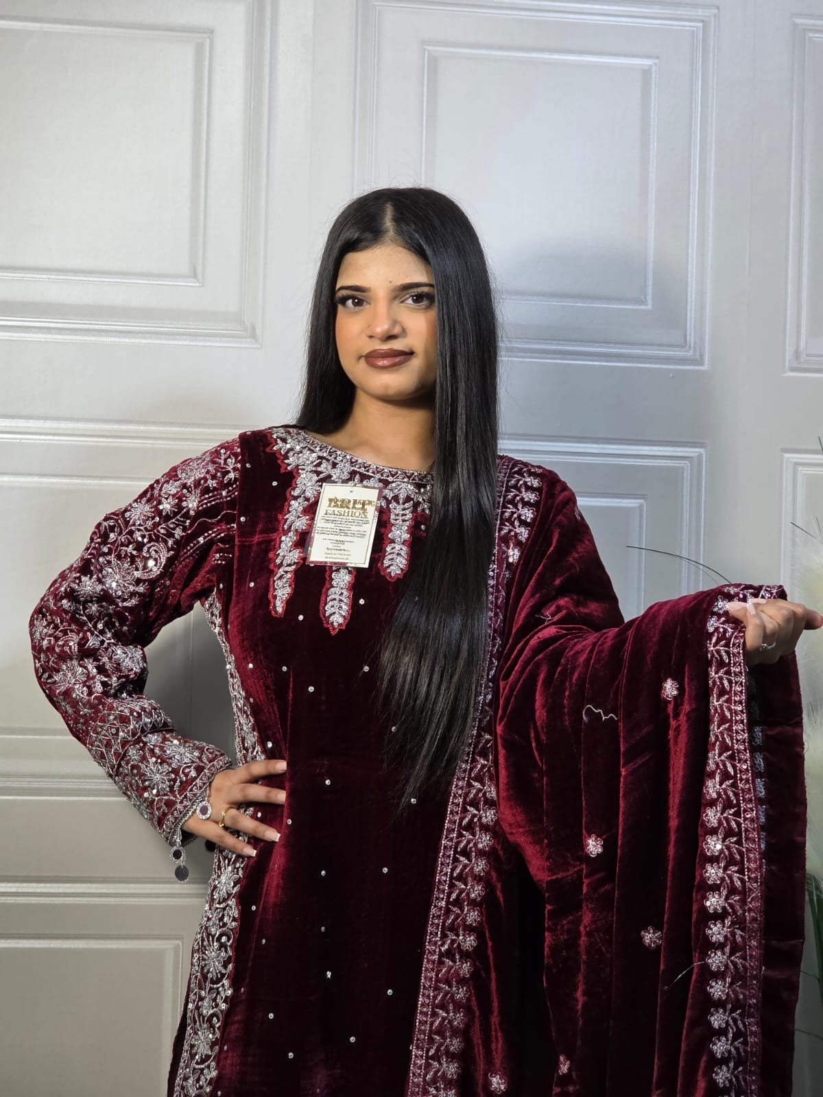 Brit 3 piece velvet_7028 ladies suit with shawl mehroon B44