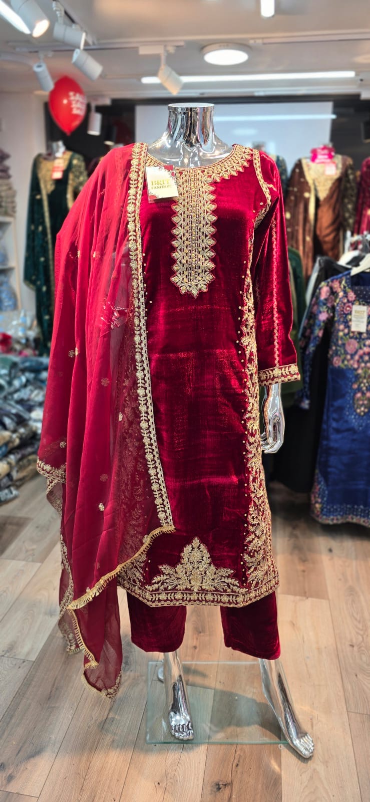 Brit 3 piece velvet_6018 Pakistani ladies suit wine B14