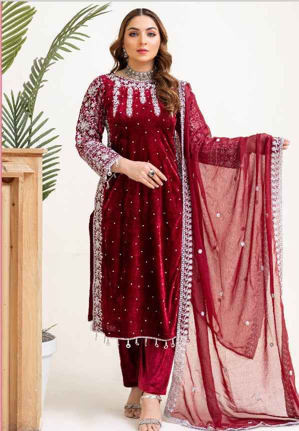 Brit 3 piece velvet_6039 ladies and kids Pakistani suit mehroon B13