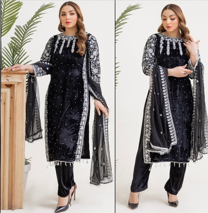 Brit 3 piece velvet_6040 ladies and kids Pakistani suit Black B13