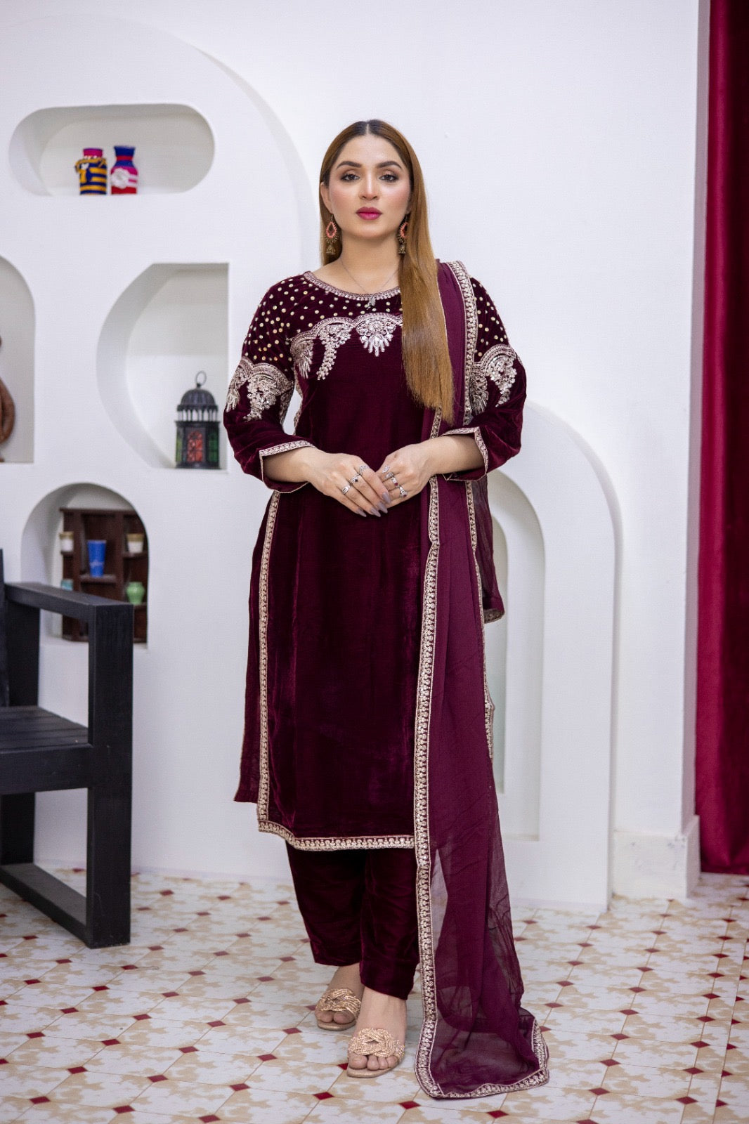 Brit 3 piece luxury Valvet_81042 Pakistani ladies suit Mehroon B299
