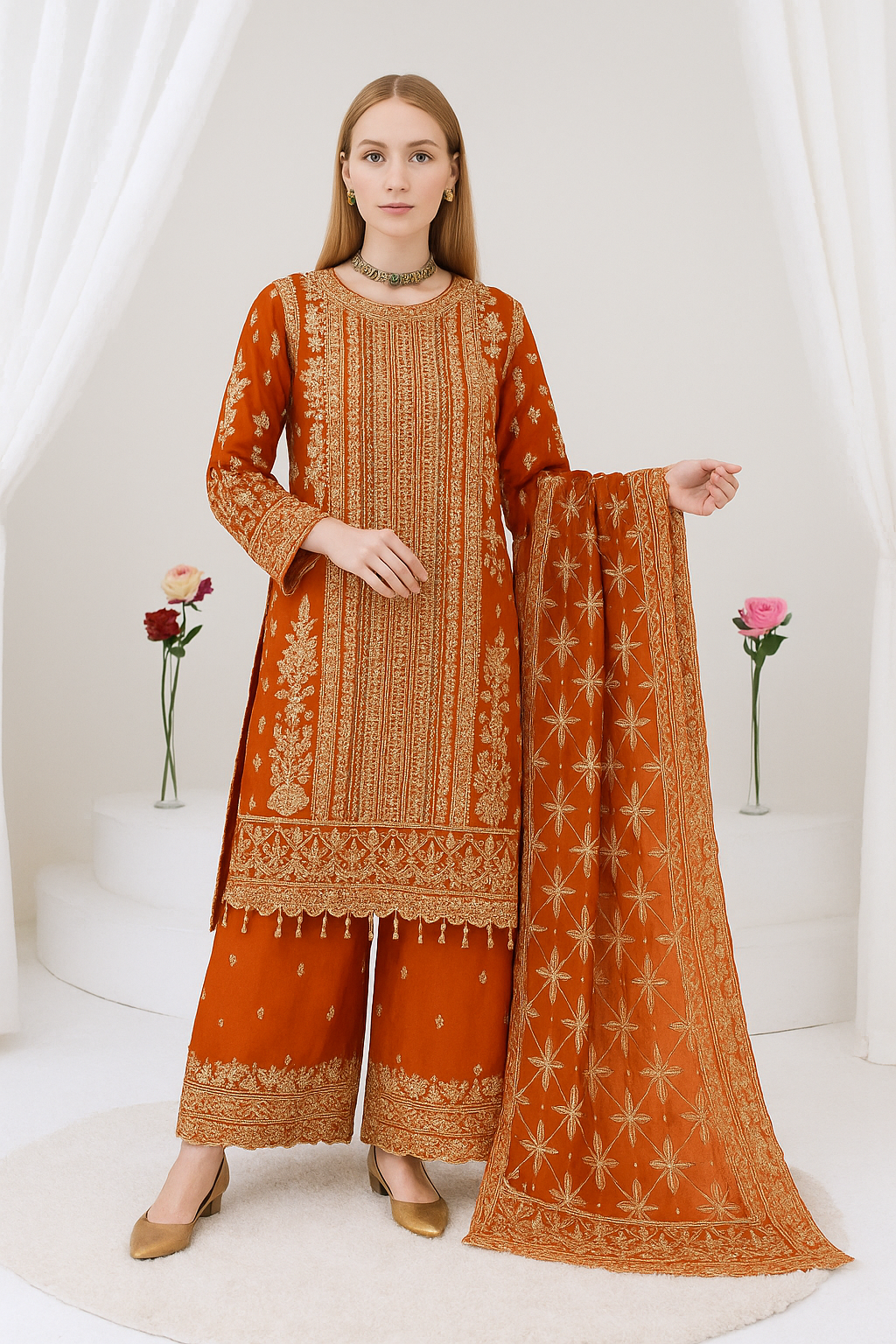 Brit 3 piece luxury chiffon_81042 Pakistani ladies suit orange B245