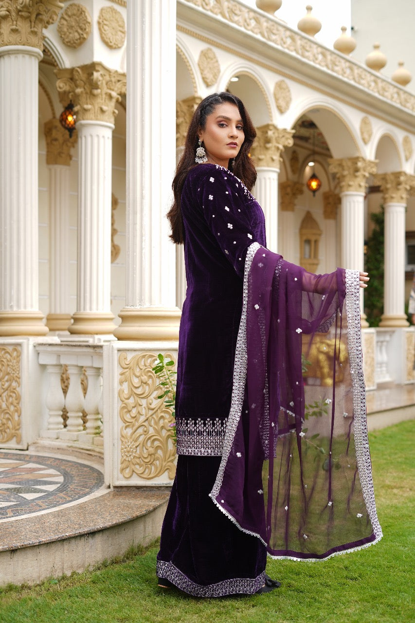 Brit Valvet 3 piece with chiffon dupata _3024 Purple B276