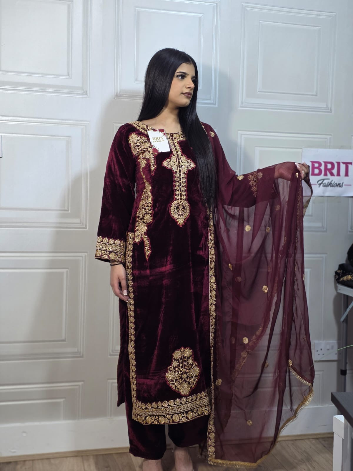 Brit 3 piece velvet_7026 ladies suit mehroon VB3