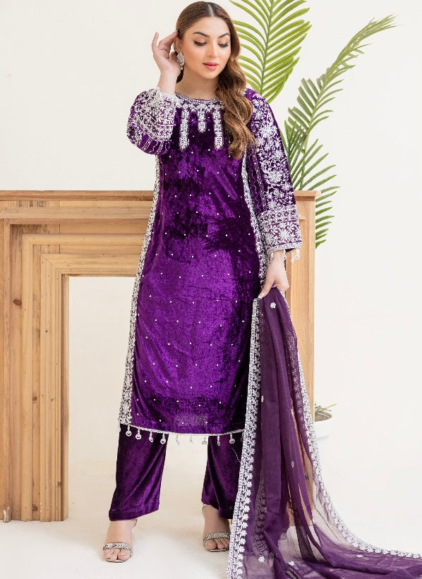 Brit 3 piece velvet_6038 ladies Pakistani suit Purple B13