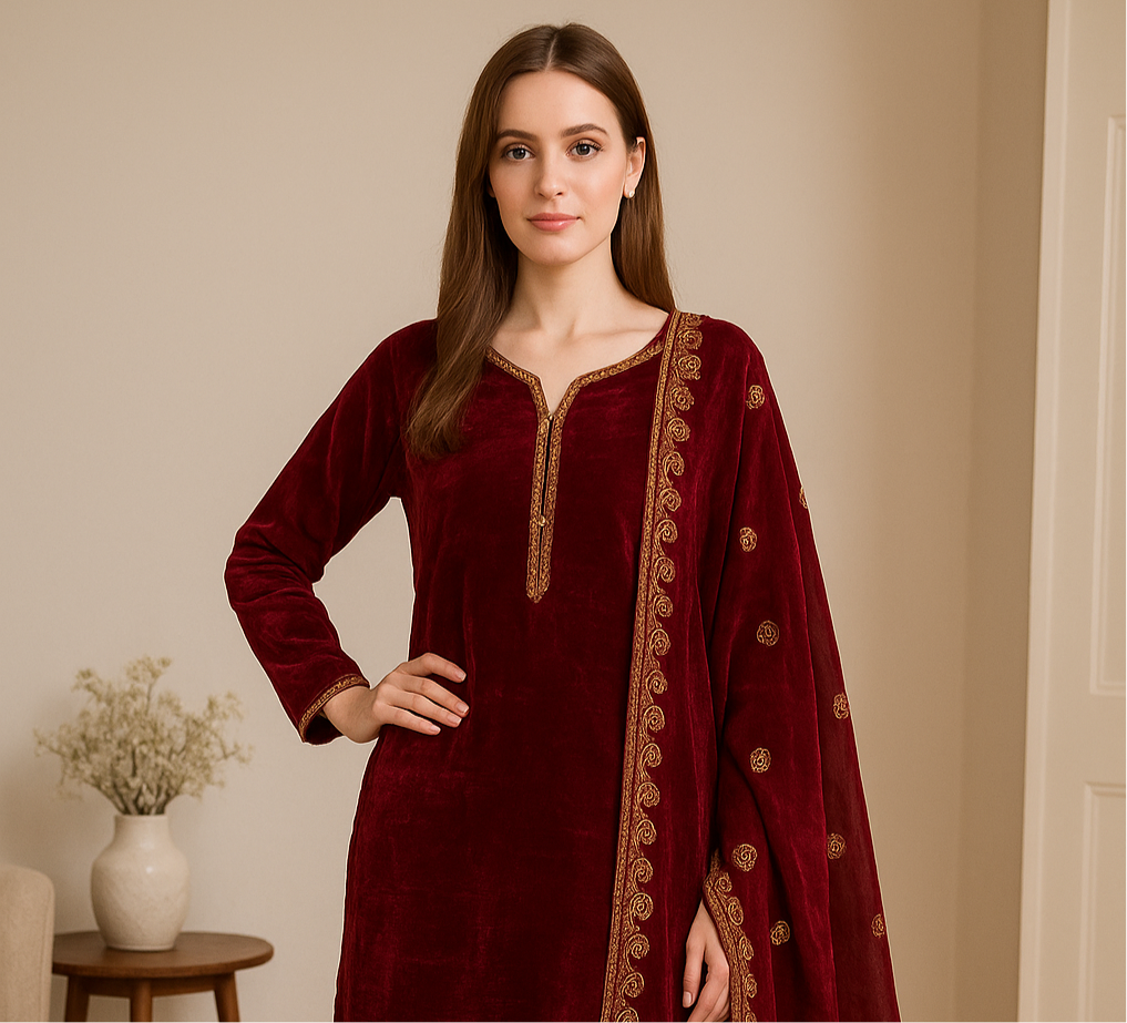 Brit 3 piece velvet_6025 Pakistani ladies suit wine B19