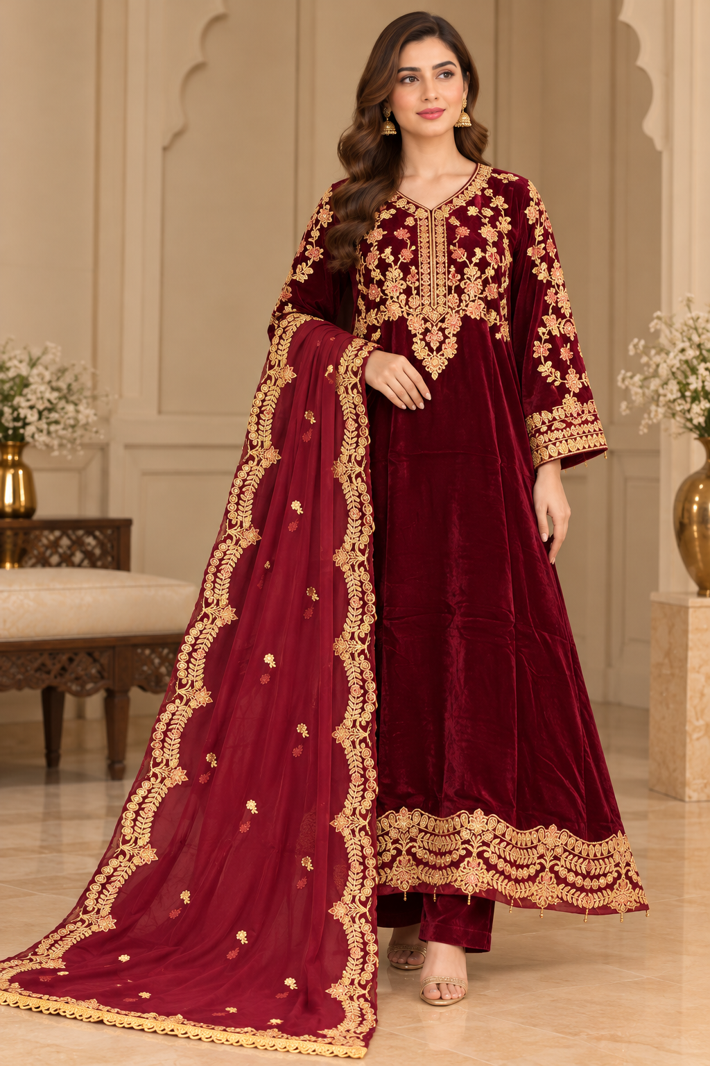 BRIT- GL 3 piece Valvet designer collection chiffon duppata B821