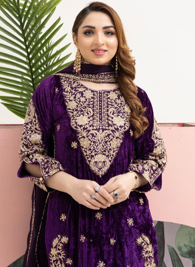 Brit 3 piece velvet_7056 ladies suit purple B49