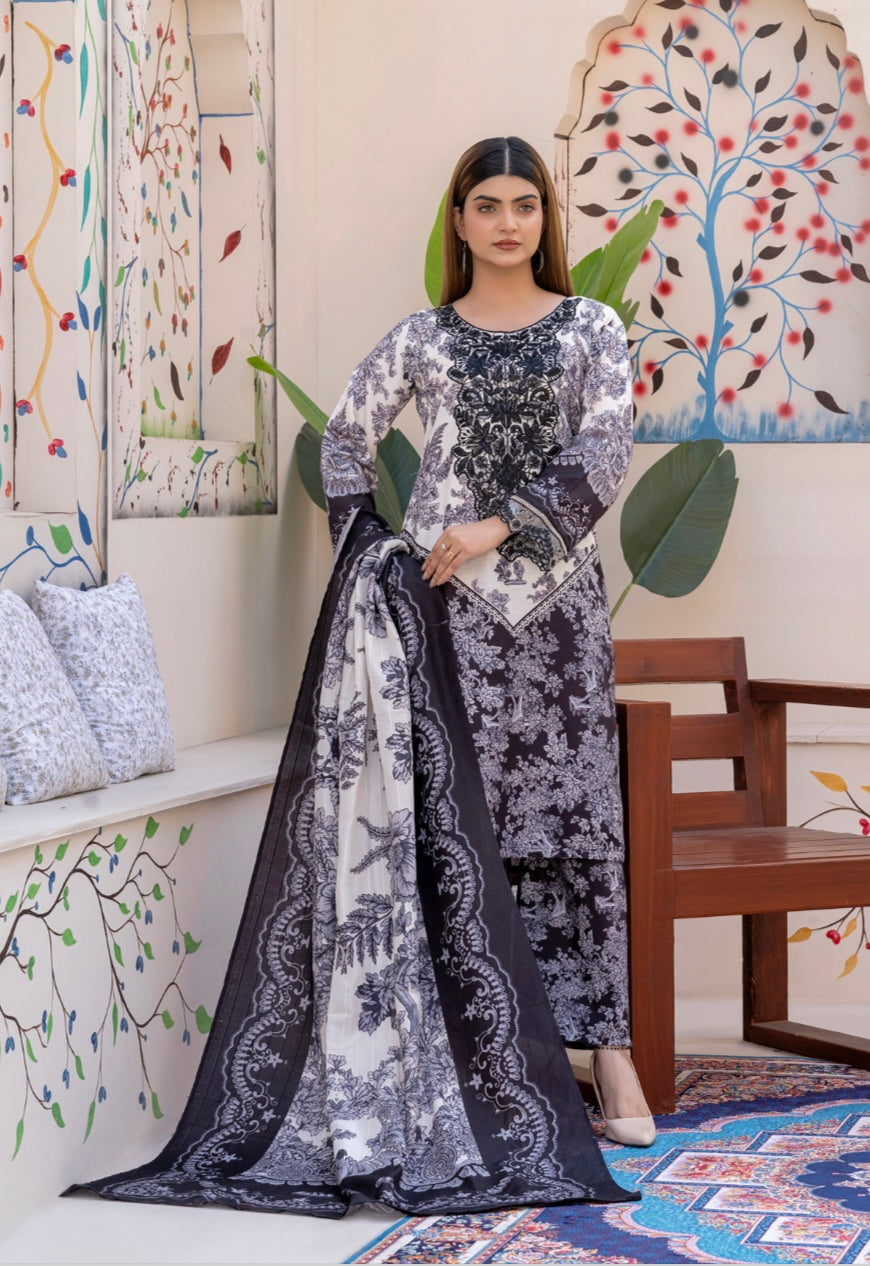 M Print 3 piece slub Pakistani ladies suit B397