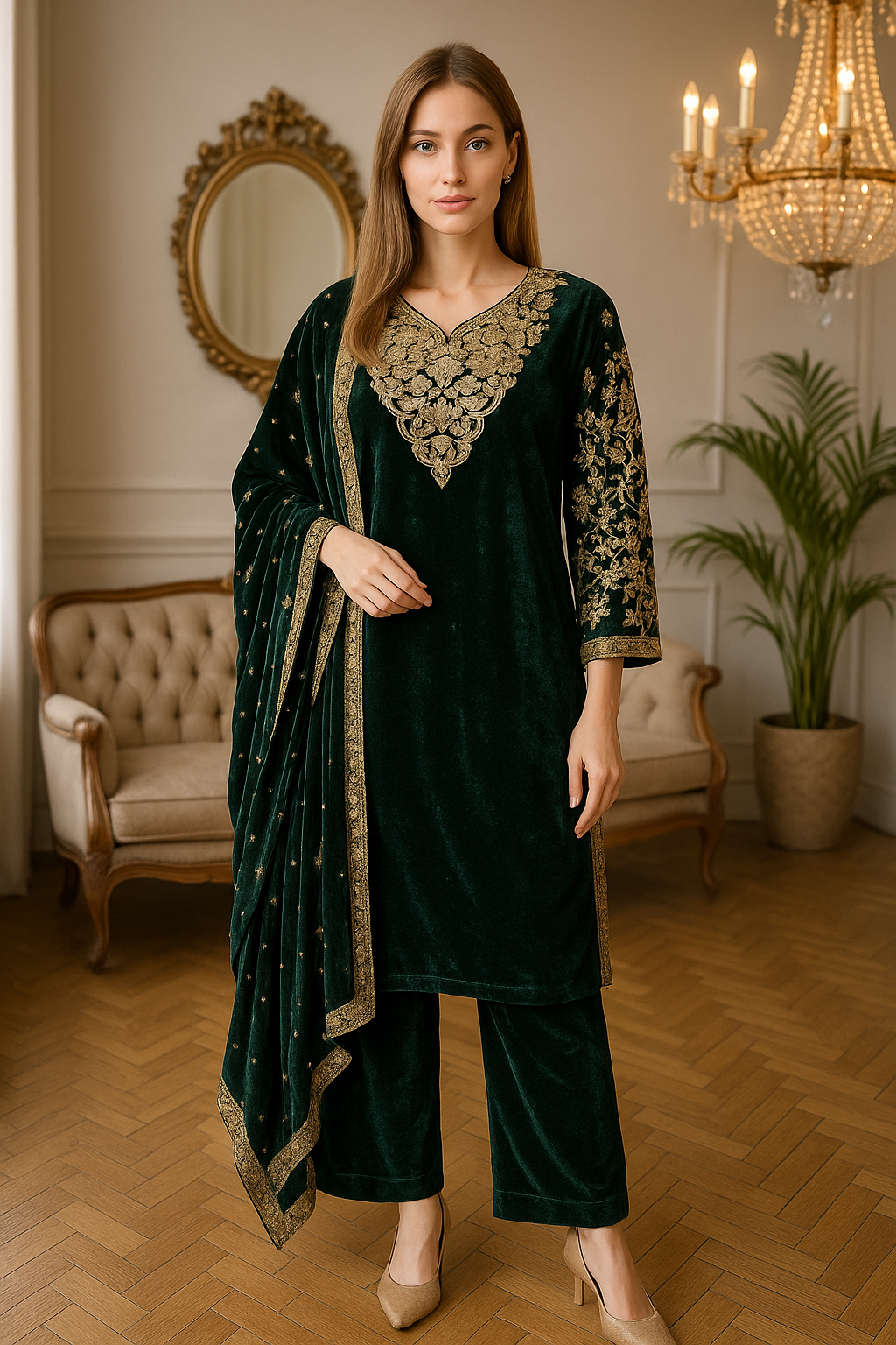 Brit Valvet 3 piece with Valvet shawl_4093 D2 green