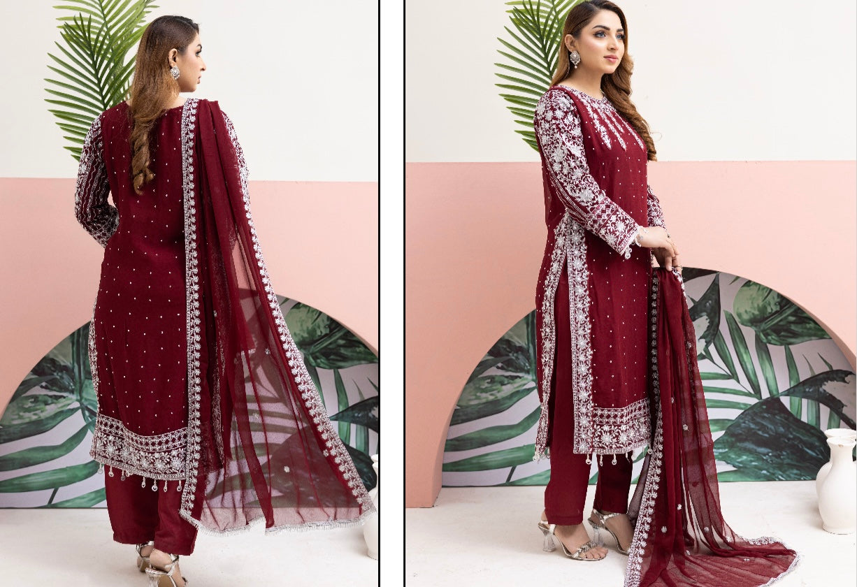 Brit 3 piece chiffon mother and daughter _8094 mehroon With trouser B77