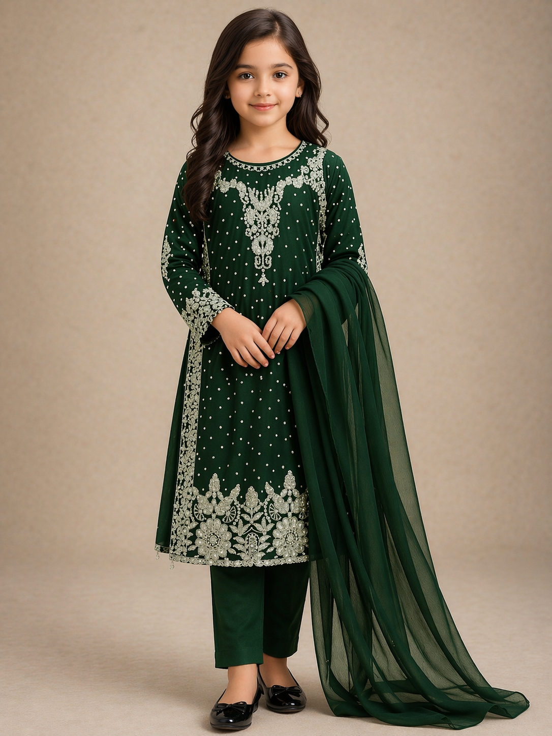 KIDS 3 piece CHIFFON SILVER embroidered suit B544