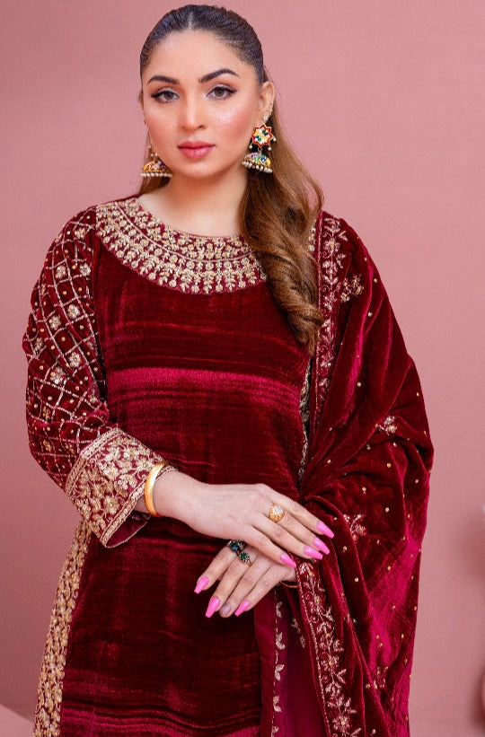 Brit 3 piece velvet_5027 ladies and kids suit Mehroon B3