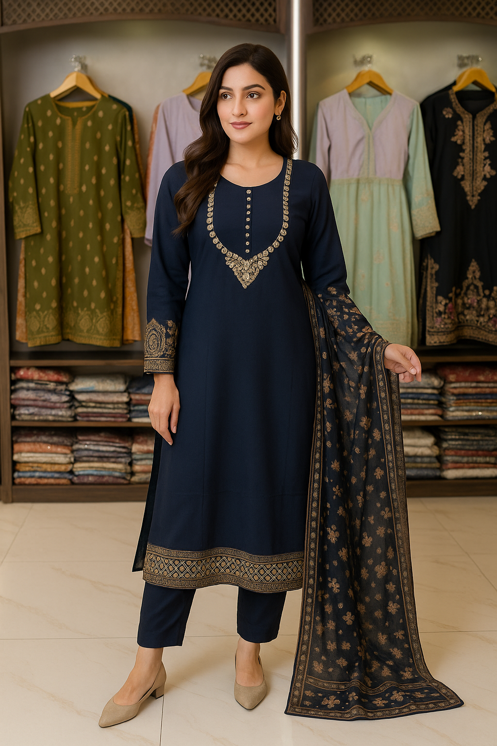 Brit Posh 3 piece linen _81042 Pakistani ladies suit Navy B232