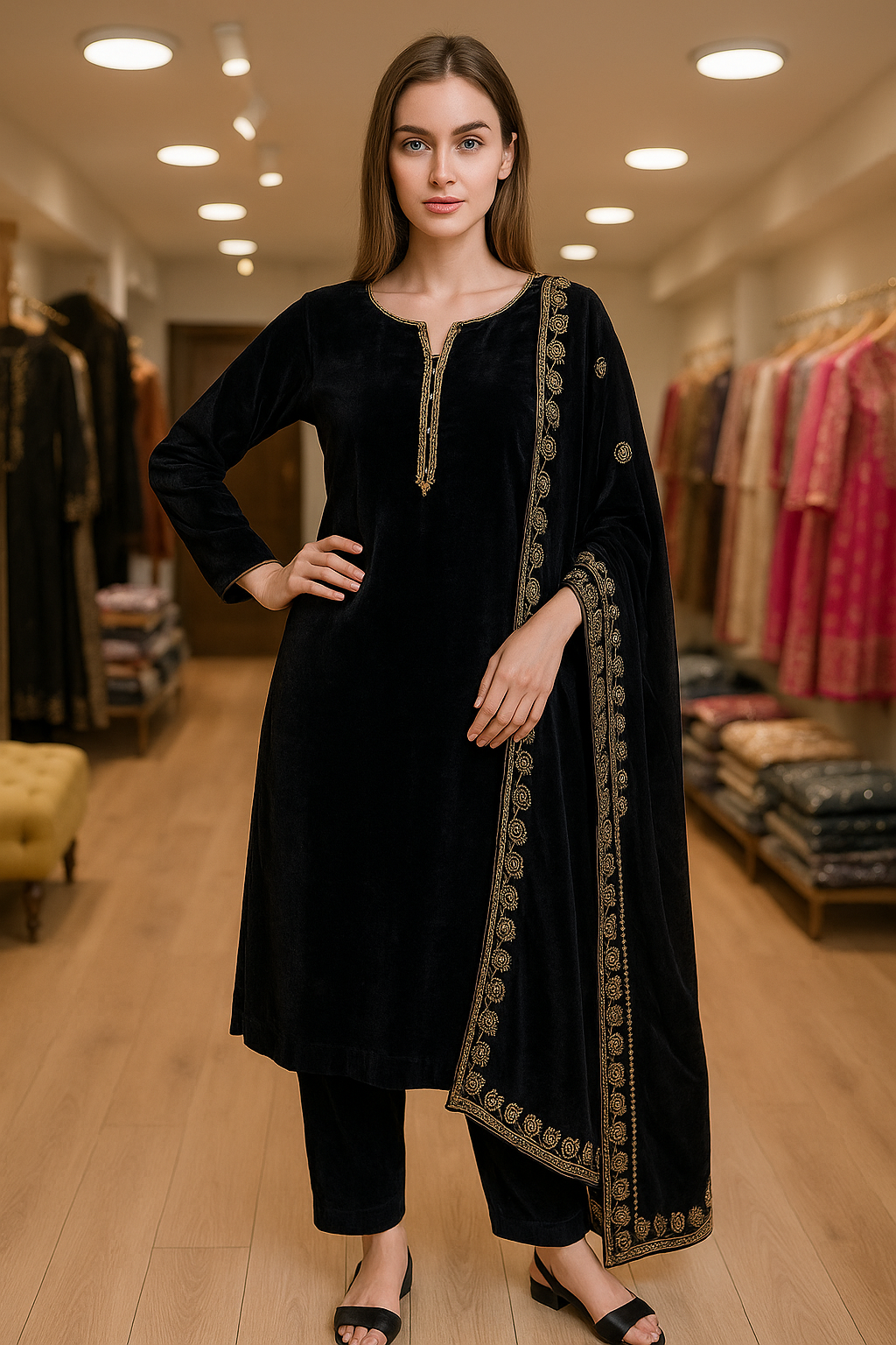 Brit 3 piece velvet_6024 Pakistani ladies suit black B19