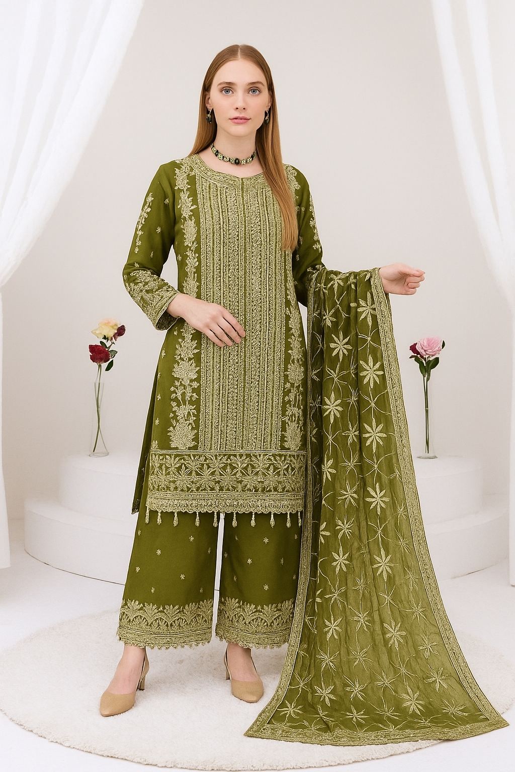 Brit 3 piece luxury chiffon_81042 Pakistani ladies suit olive B245