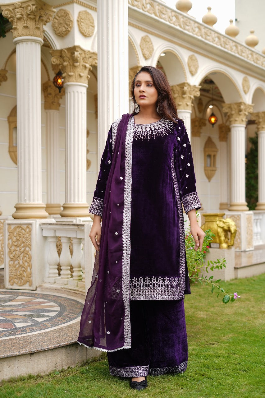 Brit Valvet 3 piece with chiffon dupata _3024 Purple B276