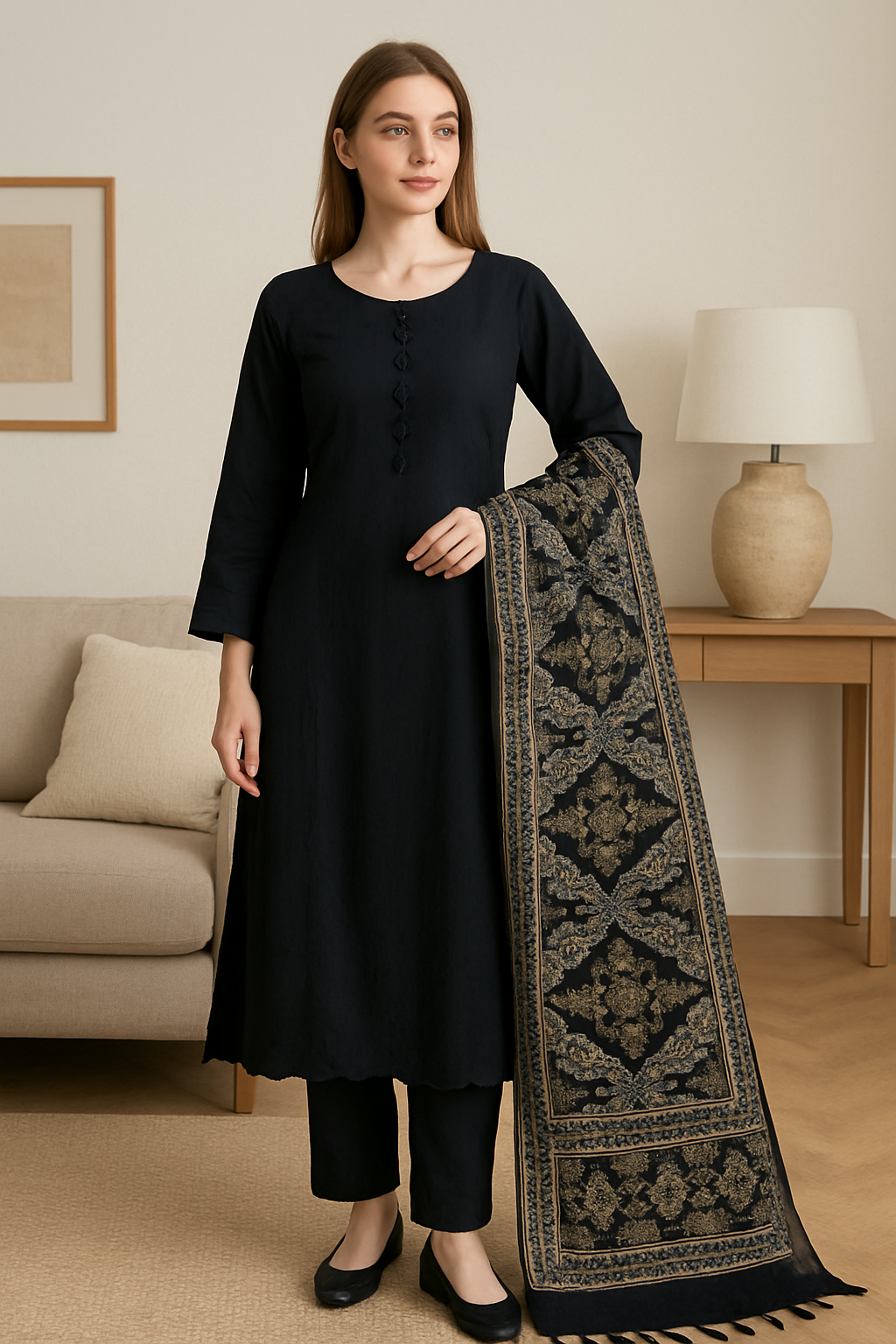 Brit 3 piece Dhanak _81042 Pakistani ladies suit Black CD2