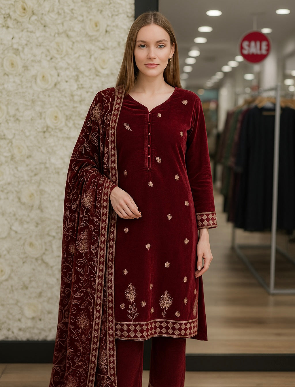 Brit 3 piece luxury Valvet with designer shawl_81042 Pakistani ladies suit Mehroon B285