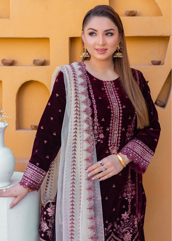 Brit Valvet 3 piece_7046 Pakistani ladies suit mehroon B37