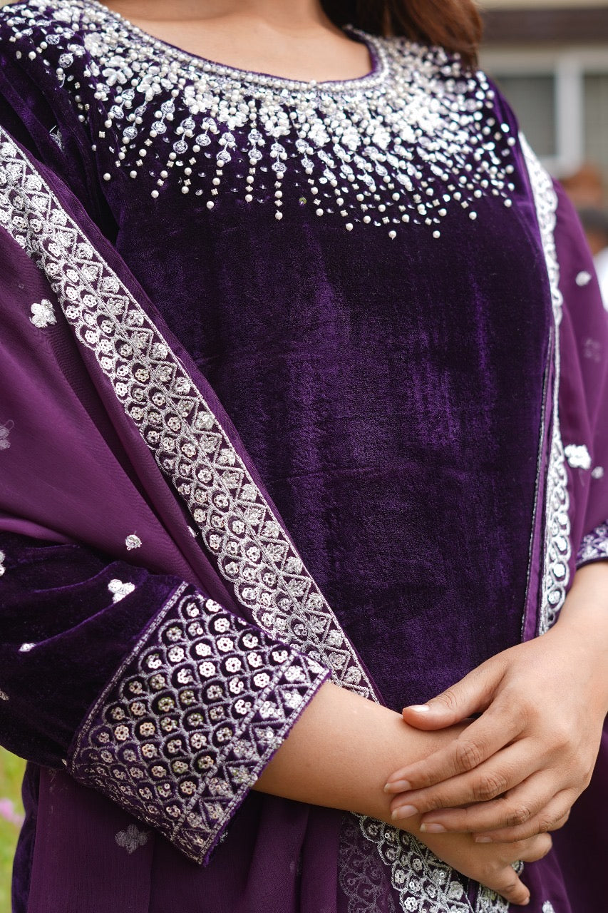 Brit Valvet 3 piece with chiffon dupata _3024 Purple B276